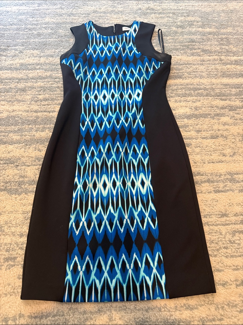 Sleeveless Blue Geometric Panel Sheath Dress